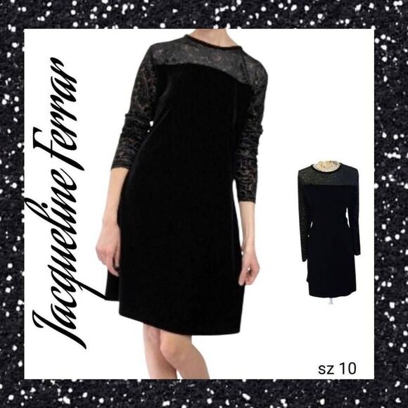 Little Black Dress Designer Jacqueline Ferrar Velvet & Sheer Cocktail Evening - Picture 1 of 13